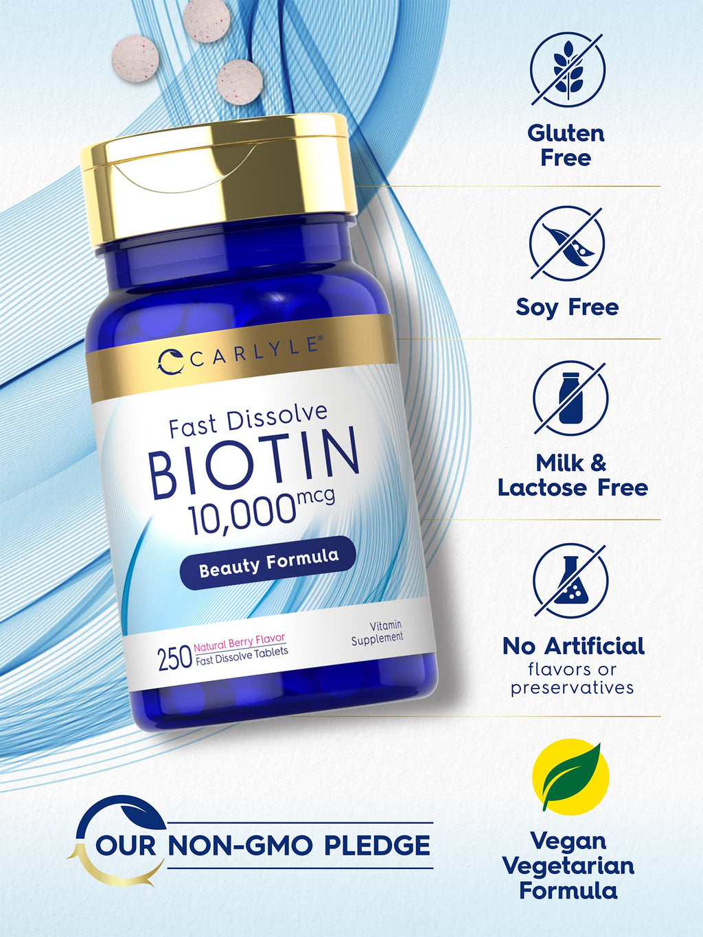 Carlyle Biotin 10000mcg | 250 Fast Dissolve Tablets | Max Strength | Vegetarian, Non-GMO, Gluten Free Supplement - FENGGESTORE20