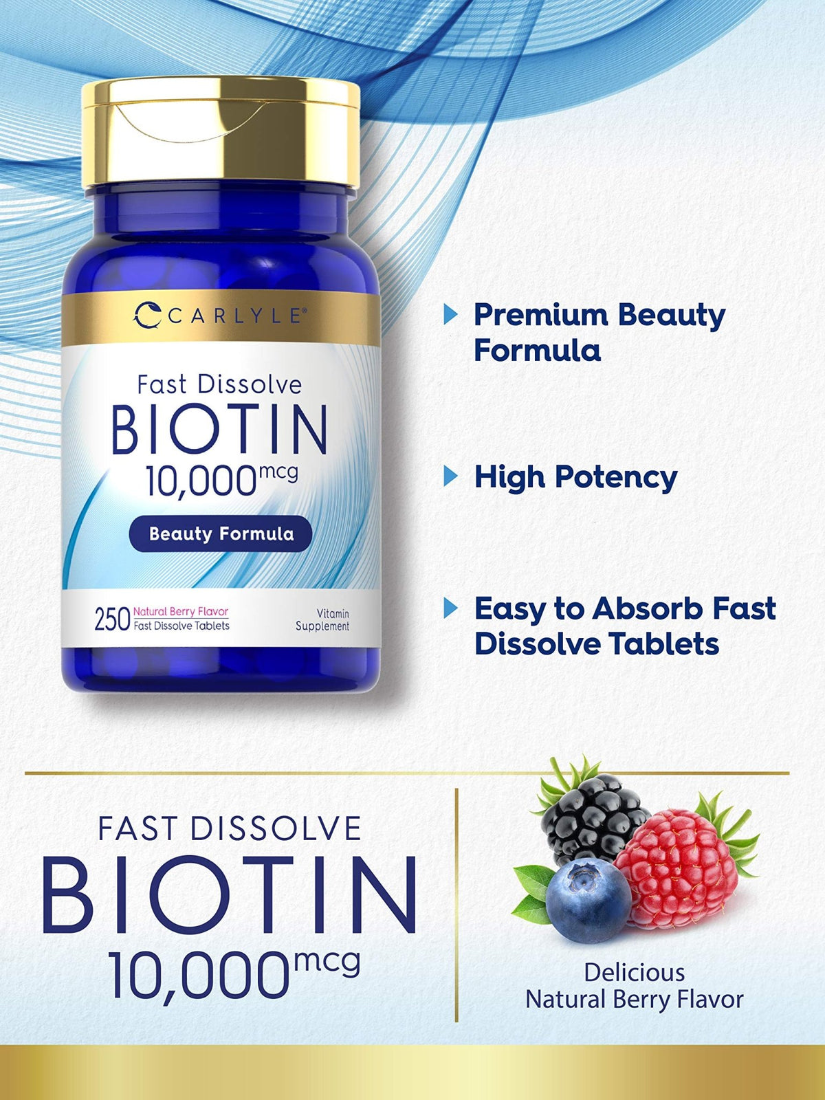Carlyle Biotin 10000mcg | 250 Fast Dissolve Tablets | Max Strength | Vegetarian, Non-GMO, Gluten Free Supplement - FENGGESTORE20