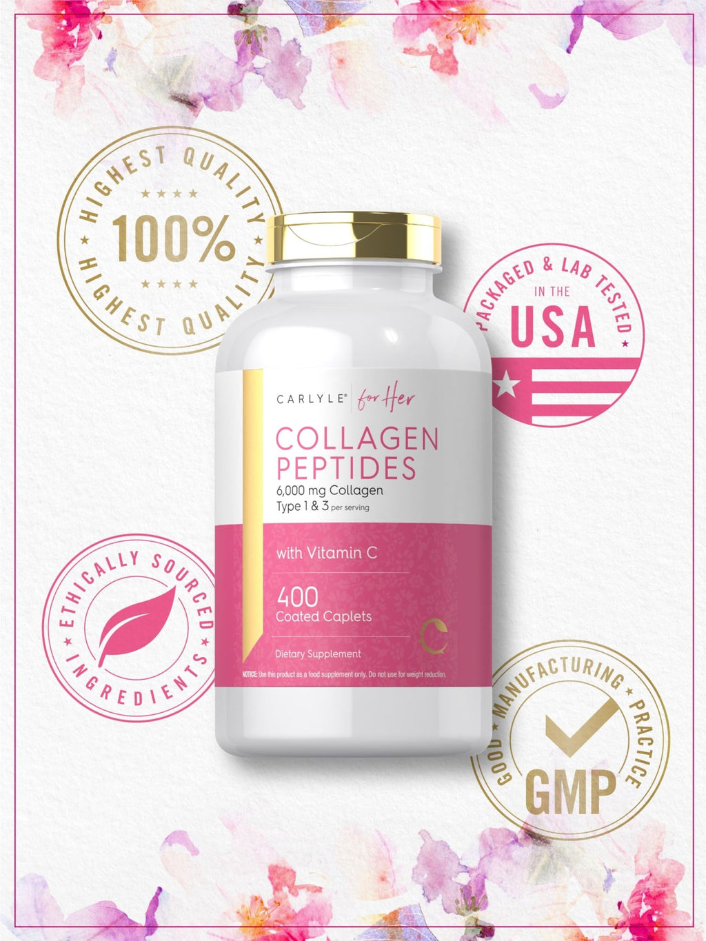 Carlyle Collagen Peptides 6000mg | 400 Caplets | with Vitamin C | Type 1 and 3 | Non-GMO, Gluten Free, Grass Fed Supplement - FENGGESTORE20
