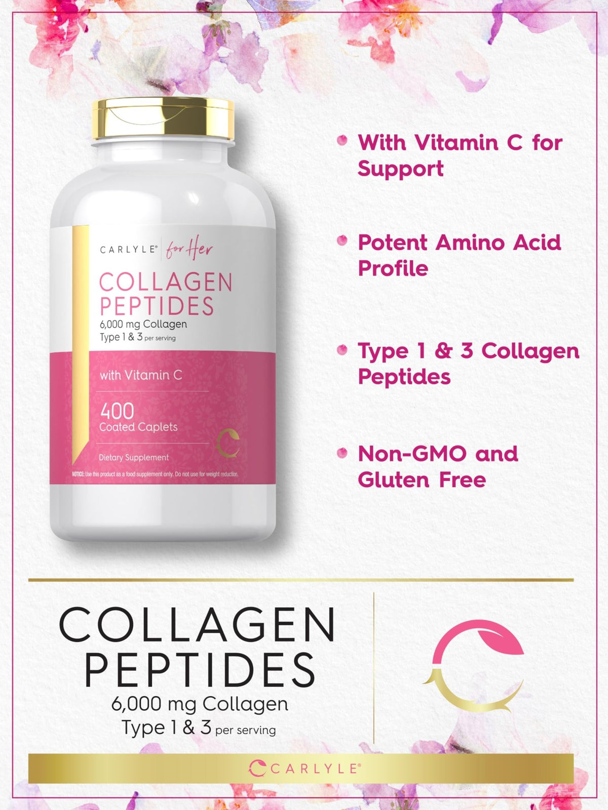 Carlyle Collagen Peptides 6000mg | 400 Caplets | with Vitamin C | Type 1 and 3 | Non-GMO, Gluten Free, Grass Fed Supplement - FENGGESTORE20