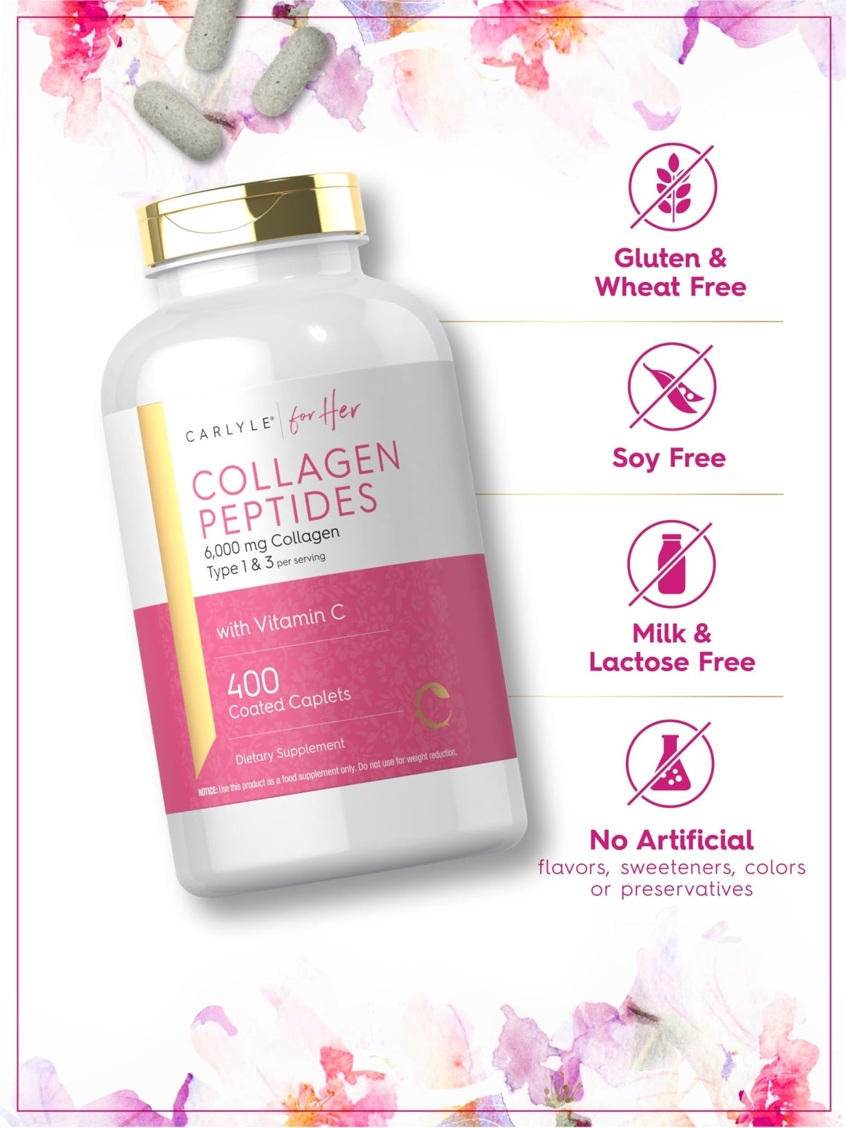 Carlyle Collagen Peptides 6000mg | 400 Caplets | with Vitamin C | Type 1 and 3 | Non-GMO, Gluten Free, Grass Fed Supplement - FENGGESTORE20