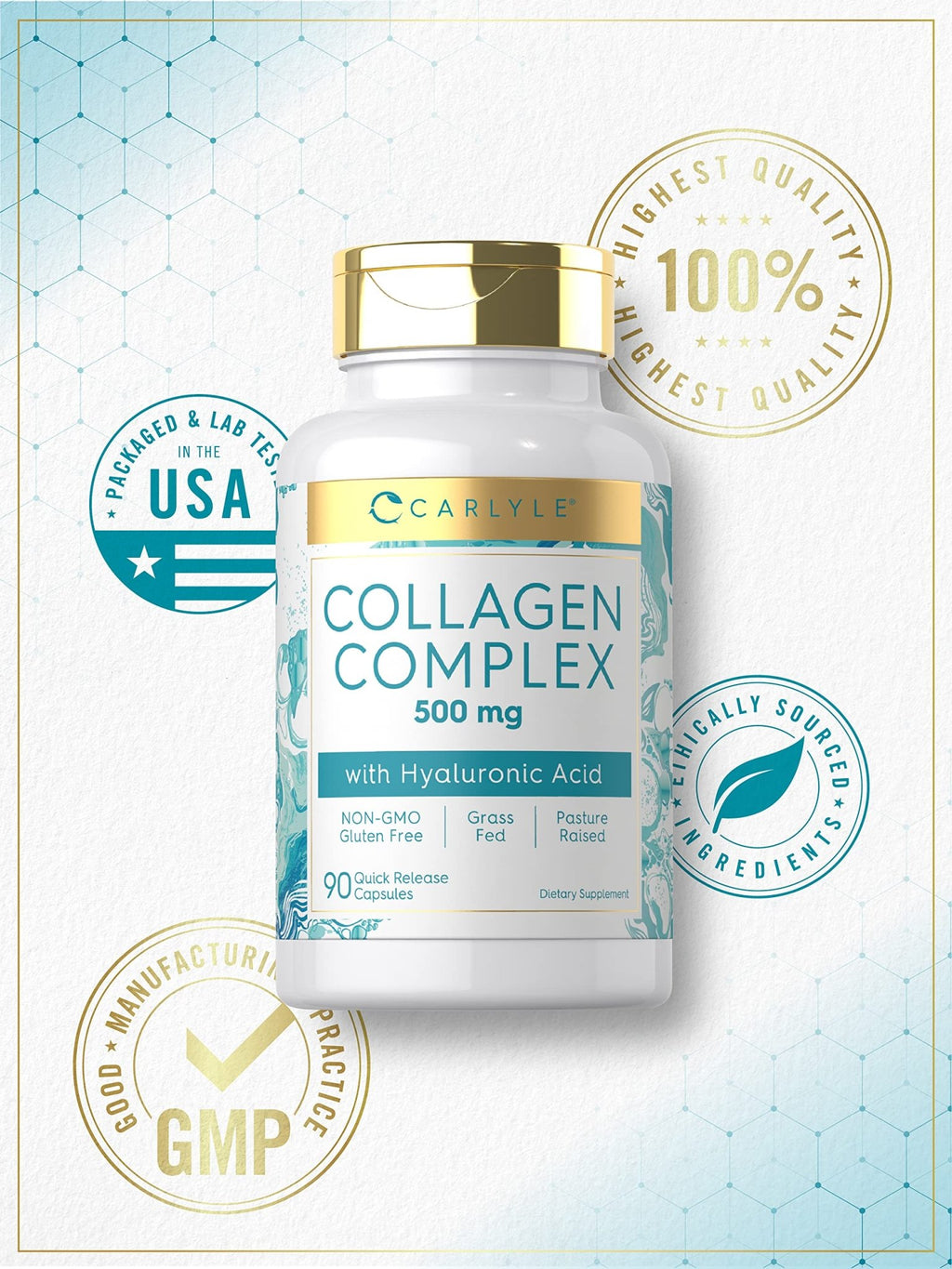 Carlyle Collagen Pills with Hyaluronic Acid | 500mg | 90 Capsules | Hydrolyzed Collagen Type 1 and 3 | Non-GMO, Gluten Free Supplement - FENGGESTORE20