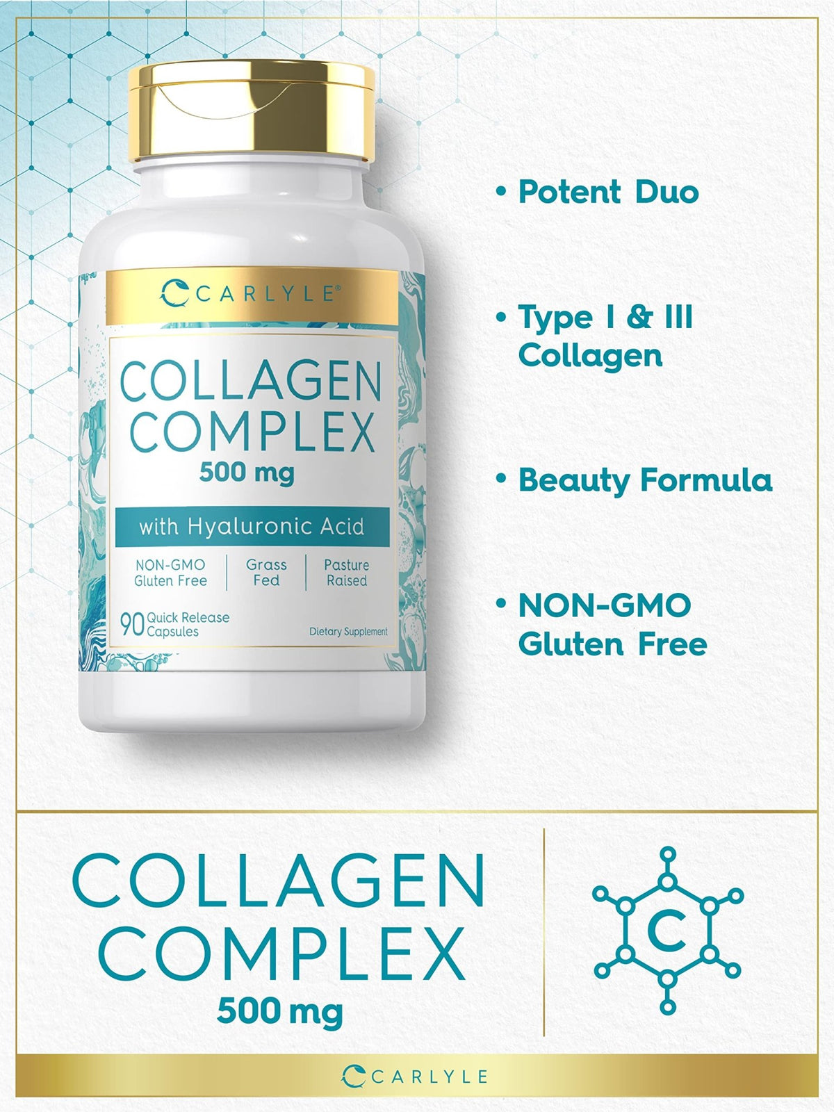 Carlyle Collagen Pills with Hyaluronic Acid | 500mg | 90 Capsules | Hydrolyzed Collagen Type 1 and 3 | Non-GMO, Gluten Free Supplement - FENGGESTORE20