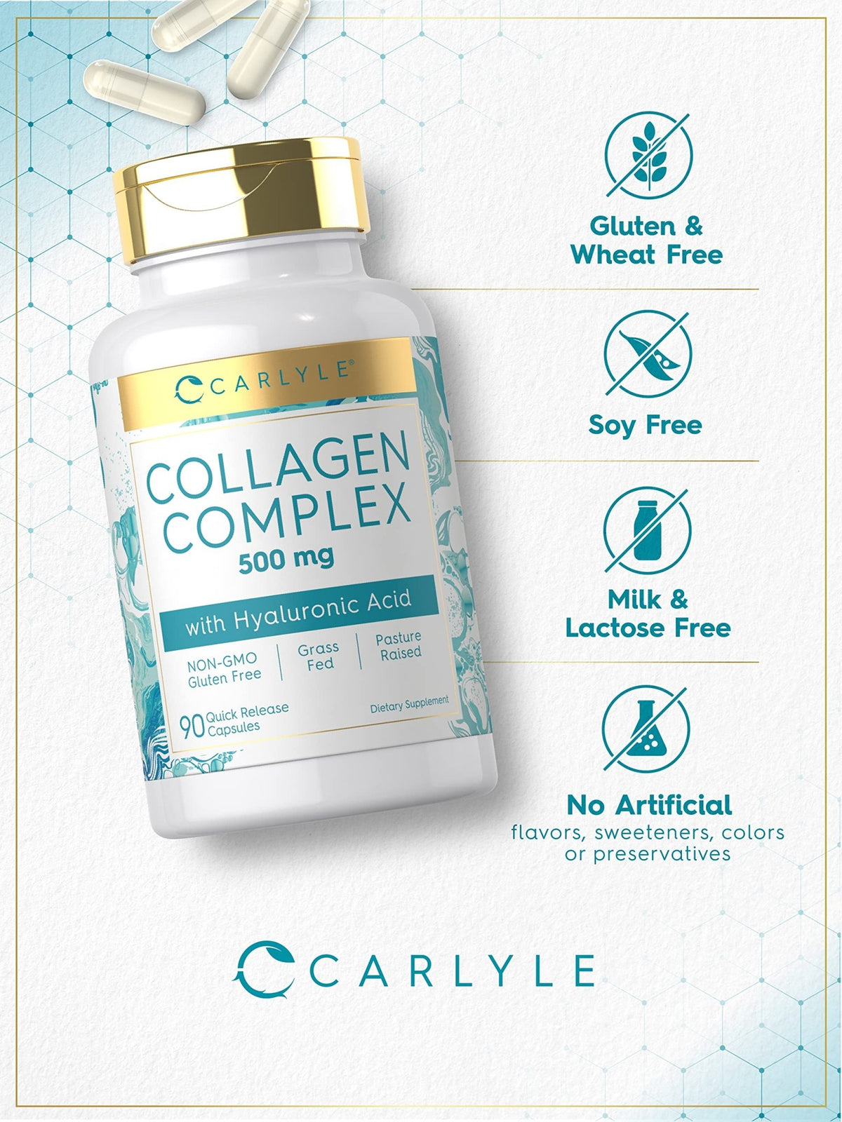 Carlyle Collagen Pills with Hyaluronic Acid | 500mg | 90 Capsules | Hydrolyzed Collagen Type 1 and 3 | Non-GMO, Gluten Free Supplement - FENGGESTORE20