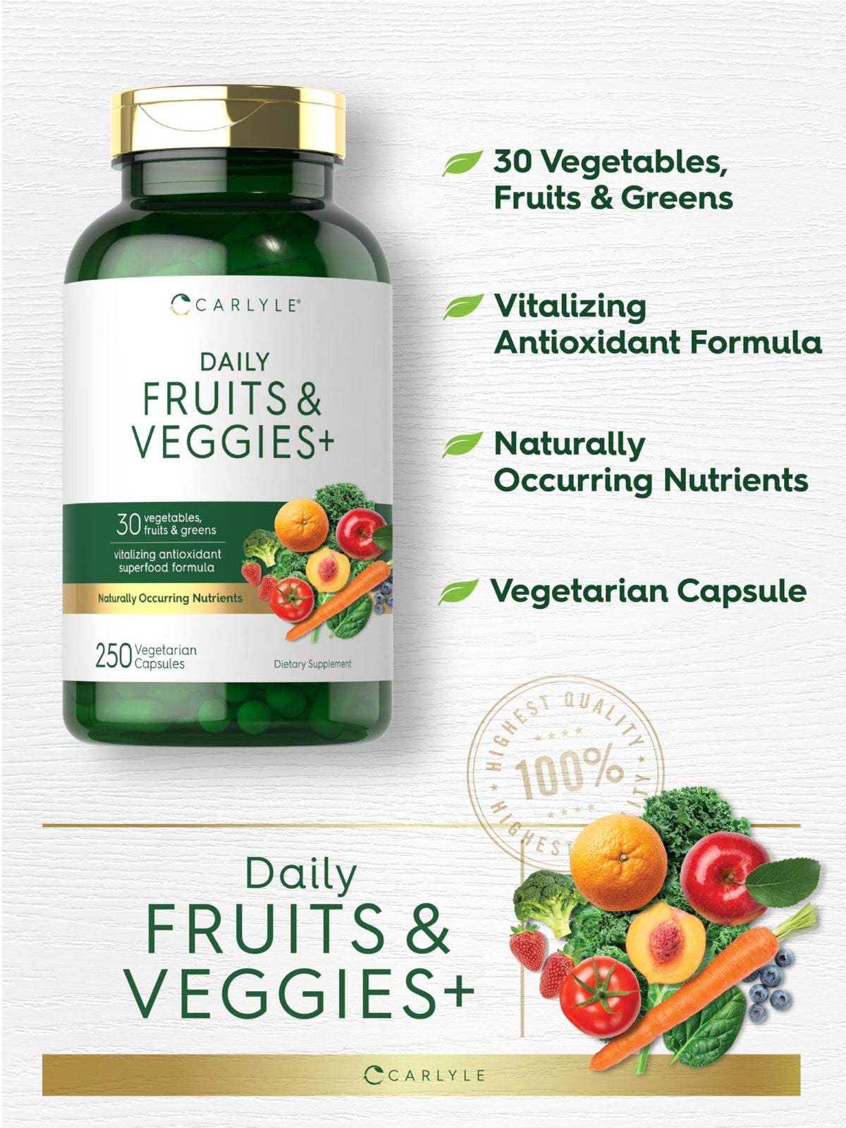 Carlyle Fruits and Veggies Supplement | 250 Capsules | Made with 30 Fruits and Vegetables | Vegetarian, Non-GMO, Gluten Free Superfood Formula - FENGGESTORE20