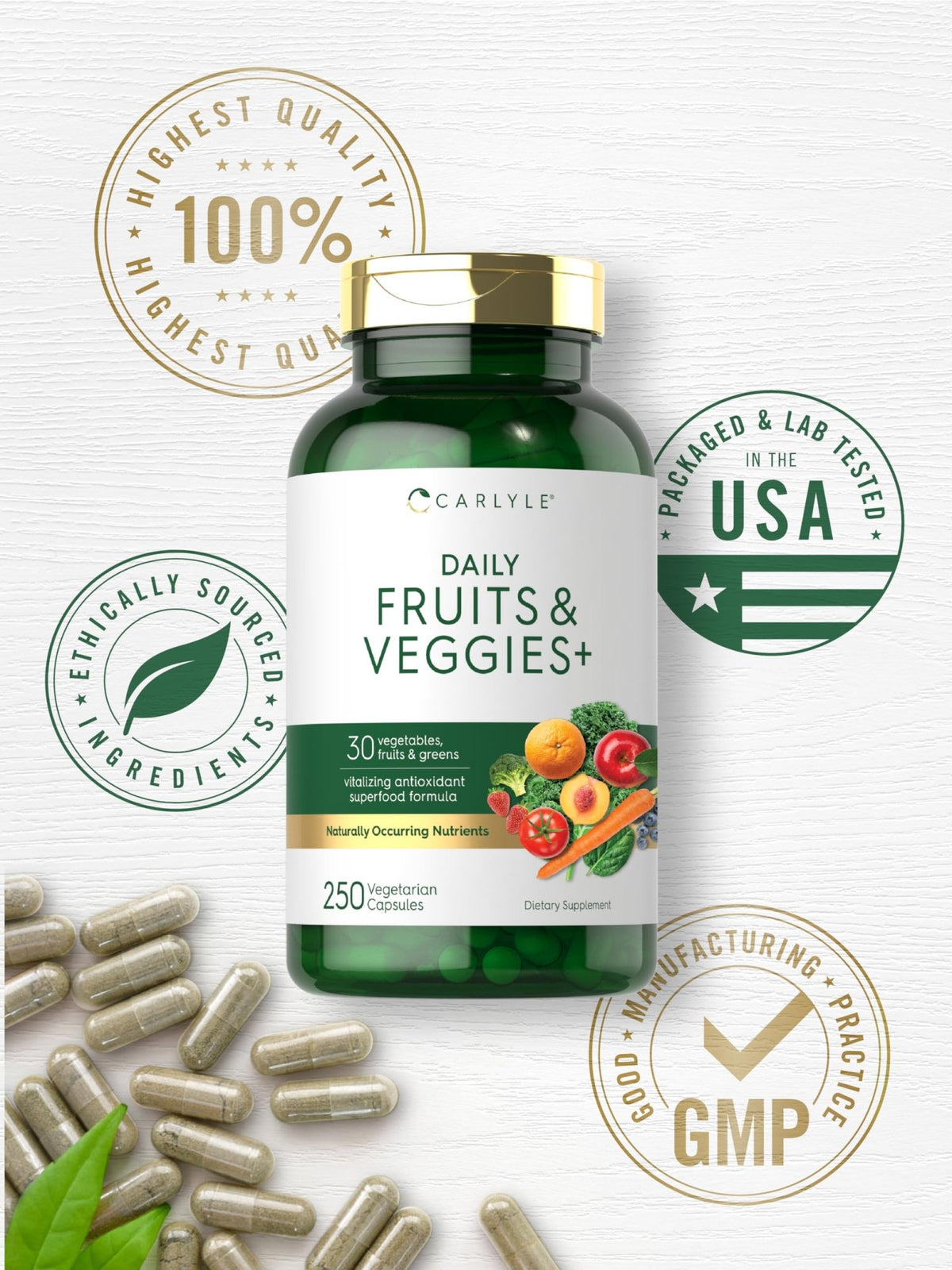 Carlyle Fruits and Veggies Supplement | 250 Capsules | Made with 30 Fruits and Vegetables | Vegetarian, Non-GMO, Gluten Free Superfood Formula - FENGGESTORE20