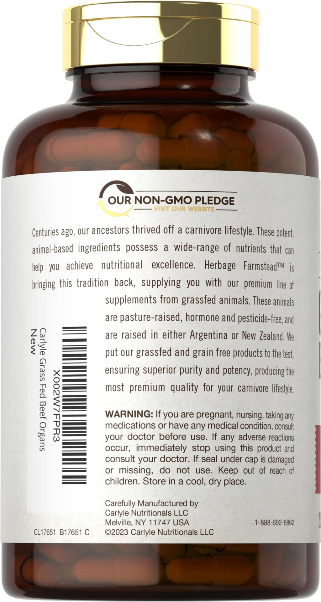Carlyle Grass Fed Beef Organ Complex | 200 Capsules | Pasture Raised, Grain Free Supplement | with Desiccated Liver, Kidney, Pancreas, Heart, Spleen - FENGGESTORE20