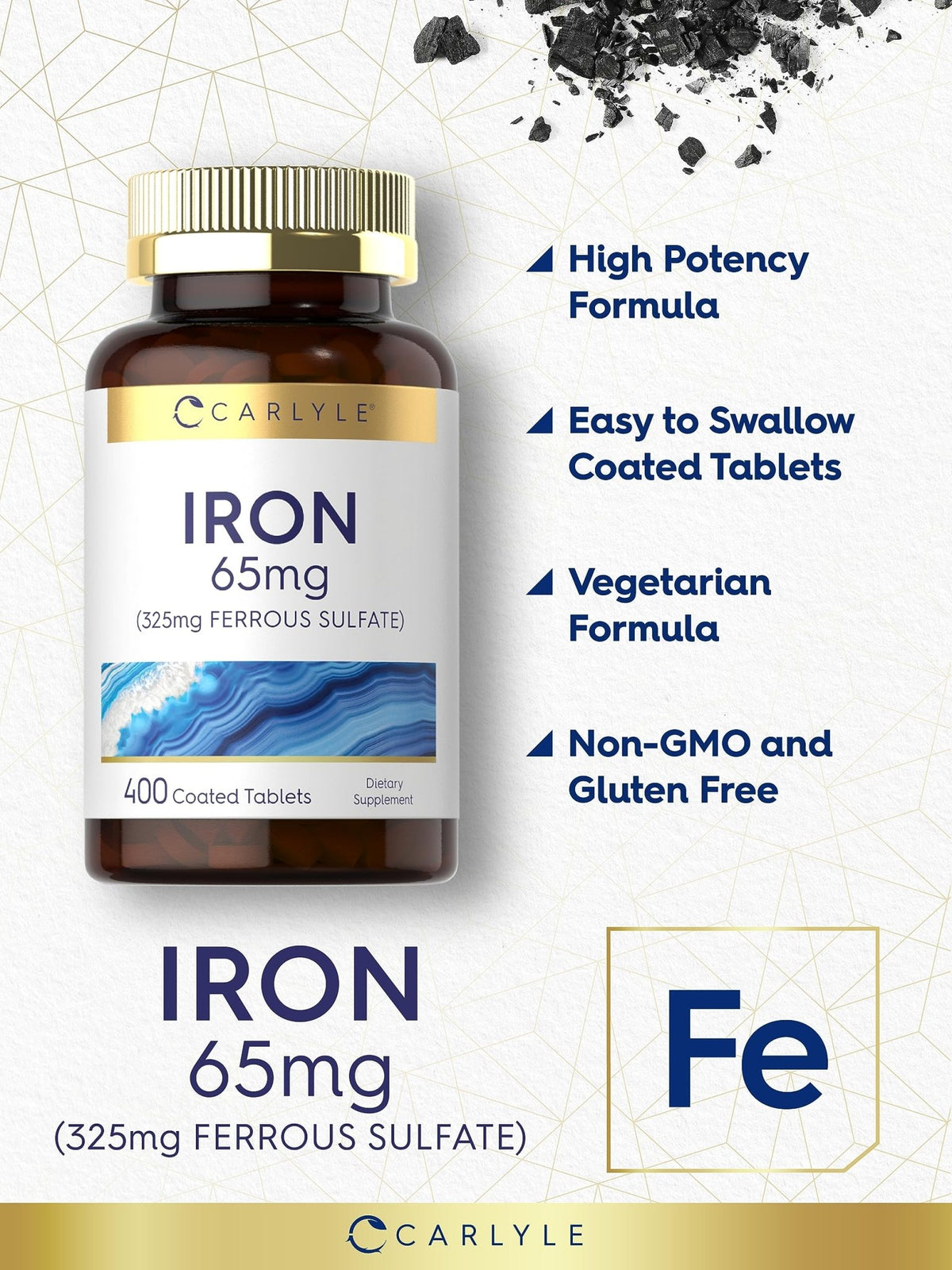 Carlyle Iron Ferrous Sulfate 325mg, 65 mg | 400 Tablets | Non-GMO, Gluten Free, and Vegetarian Supplement | High Potency - FENGGESTORE20