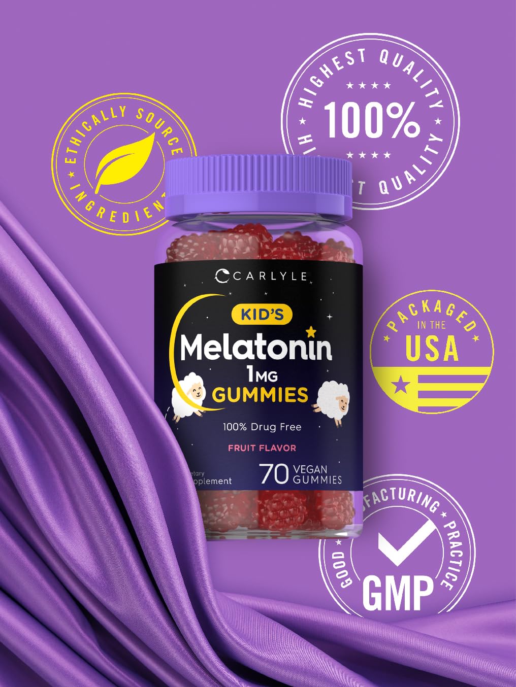 Carlyle Kids Melatonin Gummies | 1 mg 70 Count | Fruit Flavor Gummy | Vegan, Non-GMO, Gluten Free - FENGGESTORE20