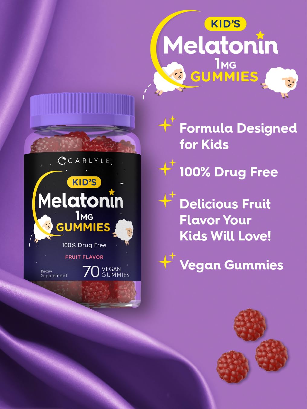 Carlyle Kids Melatonin Gummies | 1 mg 70 Count | Fruit Flavor Gummy | Vegan, Non-GMO, Gluten Free - FENGGESTORE20