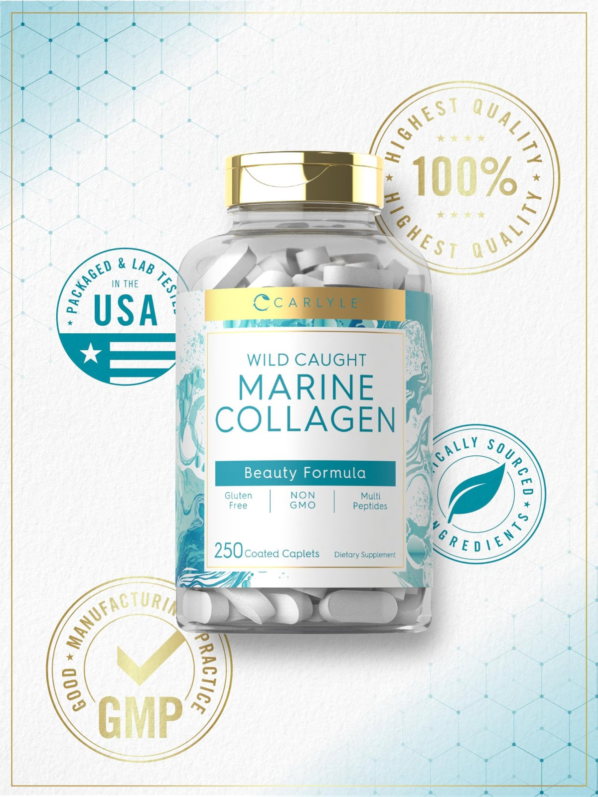 Carlyle Marine Collagen for Hair Skin and Nails | 250 Caplets | Peptides for Women and Men | Type I with Calcium | Non-GMO & Gluten Free - FENGGESTORE20
