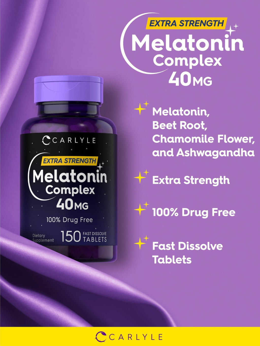 Carlyle Melatonin 40mg Complex | 150 Fast Dissolve Tablets | Extra Strength Support | with Ashwagandha and Chamomile | Vegetarian, Non-GMO, Gluten Free Supplement - FENGGESTORE20