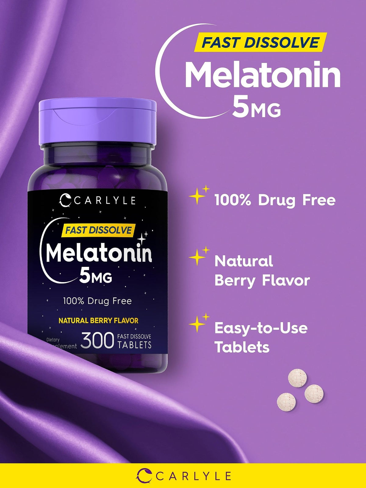 Carlyle Melatonin 5 mg Fast Dissolve 300 Tablets | Berry Flavor | Vegetarian, Non-GMO Supplement - FENGGESTORE20