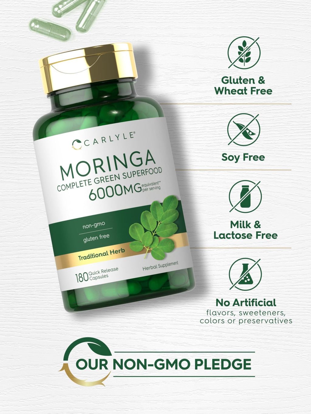 Carlyle Moringa Oleifera Supplement | 180 Capsules | Complete Green Superfood for Women and Men | Non-GMO and Gluten Free | from Moringa Leaf Powder - FENGGESTORE20