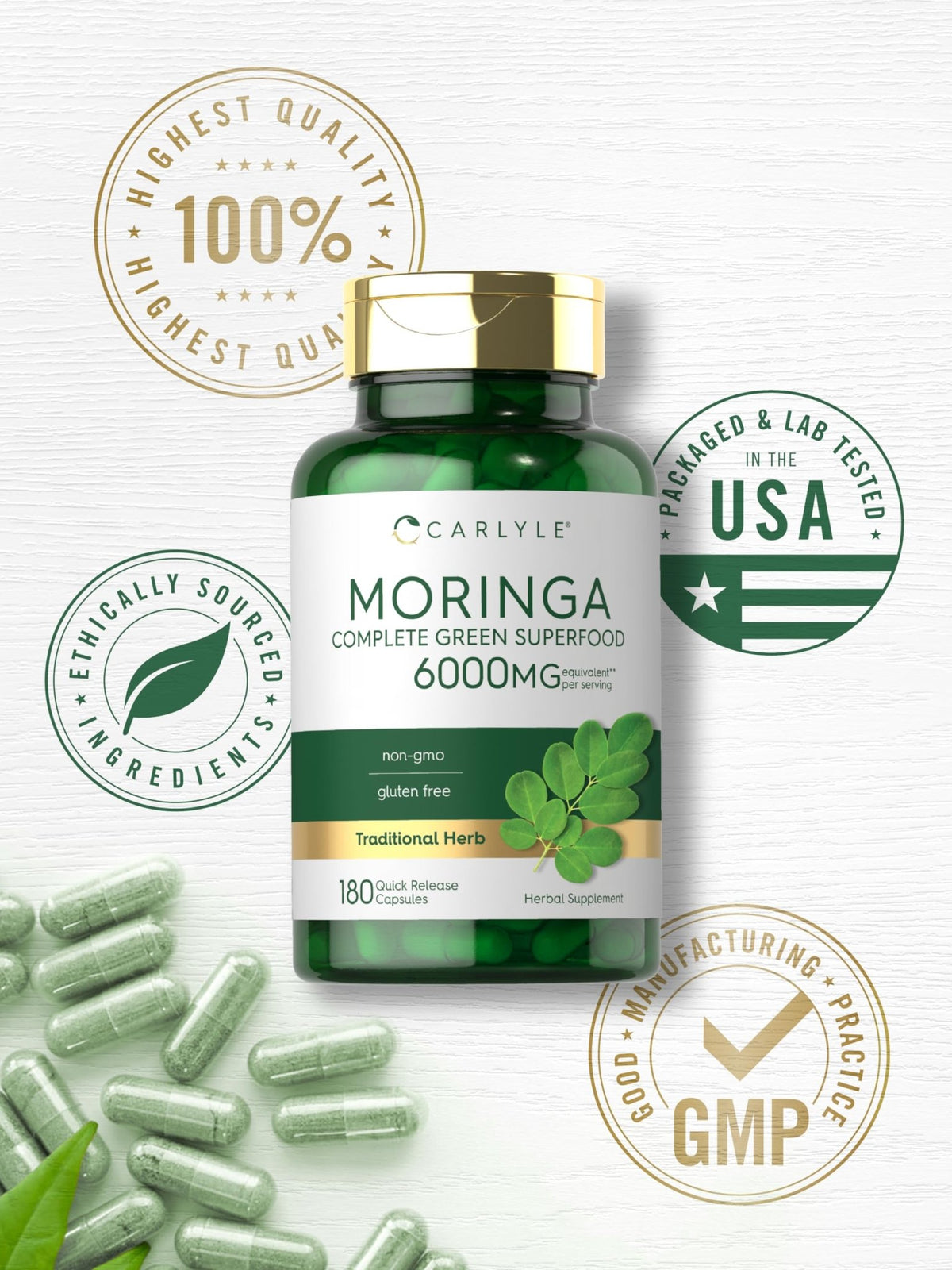Carlyle Moringa Oleifera Supplement | 180 Capsules | Complete Green Superfood for Women and Men | Non-GMO and Gluten Free | from Moringa Leaf Powder - FENGGESTORE20