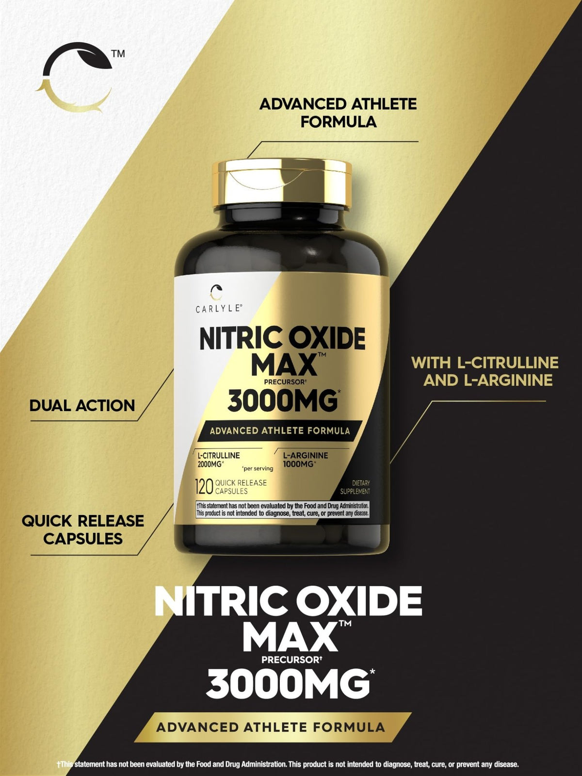 Carlyle Nitric Oxide Supplement 3000mg | 120 Capsules | with L-Arginine & L-Citrulline | for Men & Women | Pre & Post Workout | Non-GMO, Gluten Free - FENGGESTORE20