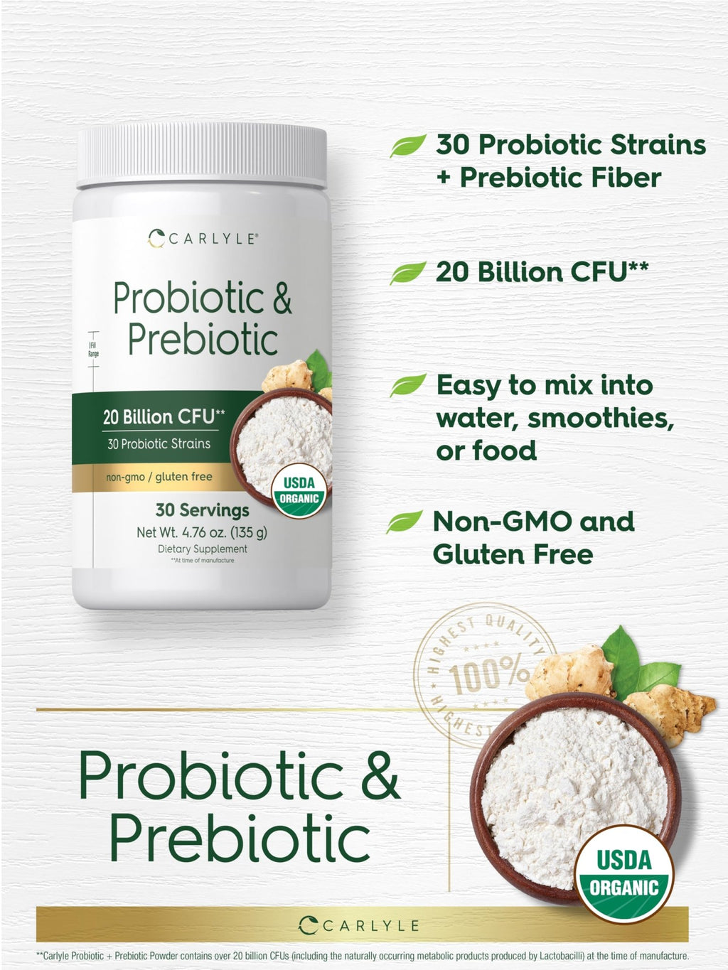 Carlyle Probiotic and Prebiotic Powder | 20 Billion CFU | 4.76 oz | Organic Fiber Blend | for Women and Men | Vegetarian, Non-GMO, - FENGGESTORE20