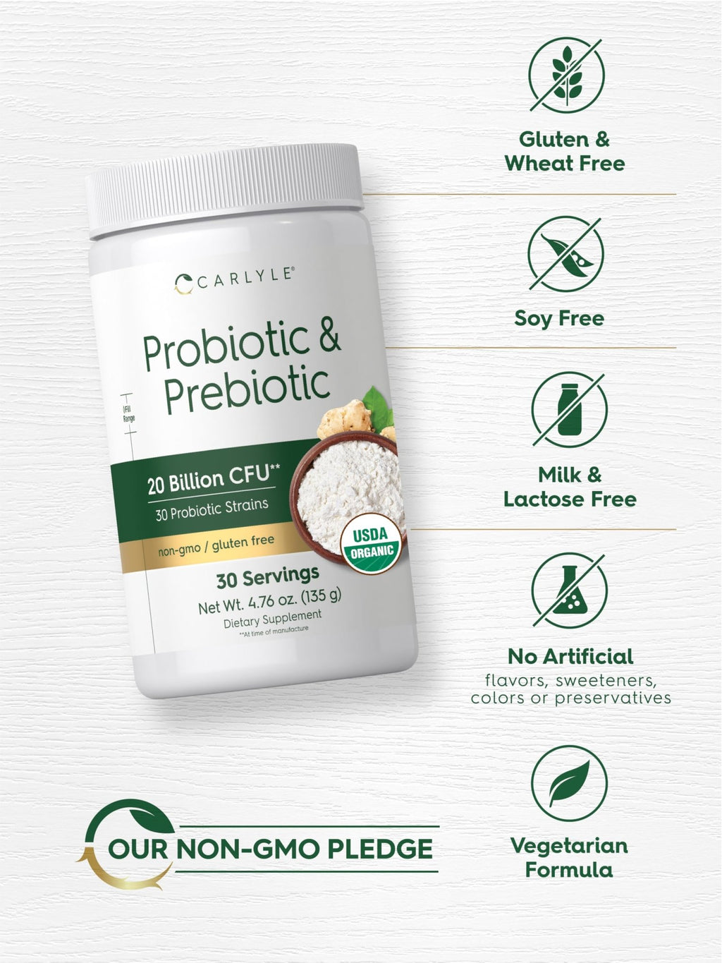 Carlyle Probiotic and Prebiotic Powder | 20 Billion CFU | 4.76 oz | Organic Fiber Blend | for Women and Men | Vegetarian, Non-GMO, - FENGGESTORE20