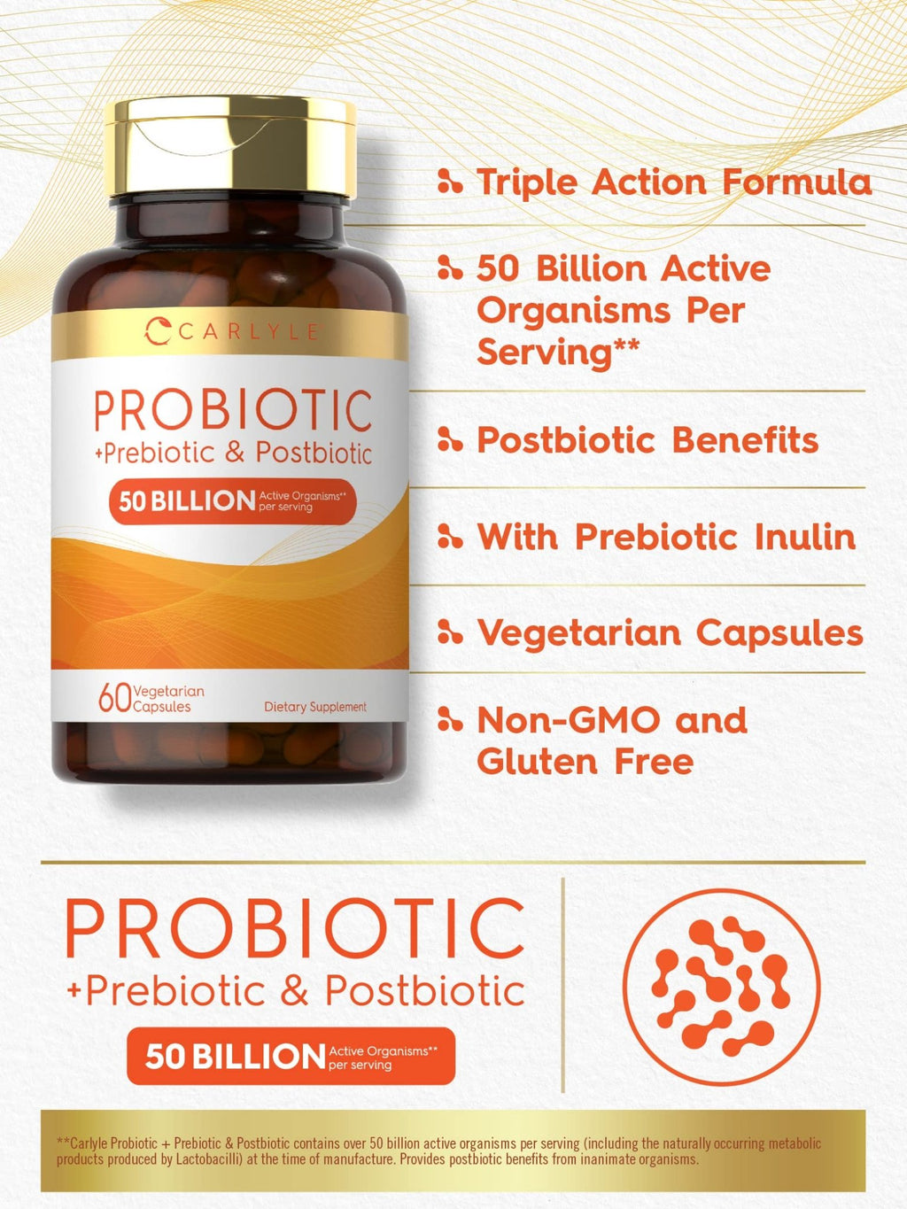 Carlyle Probiotic for Women and Men | 50 Billion CFU | 60 Capsules | Plus Prebiotic and Postbiotic | Complex Supplement | Vegetarian, Non-GMO, and Gluten Free - FENGGESTORE20