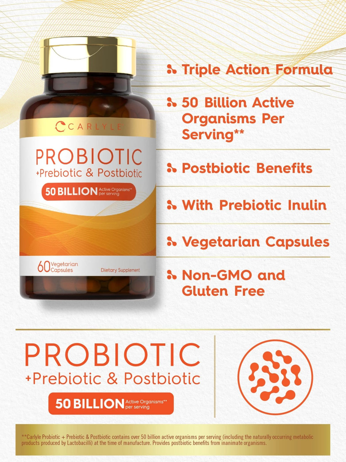 Carlyle Probiotic for Women and Men | 50 Billion CFU | 60 Capsules | Plus Prebiotic and Postbiotic | Complex Supplement | Vegetarian, Non-GMO, and Gluten Free - FENGGESTORE20
