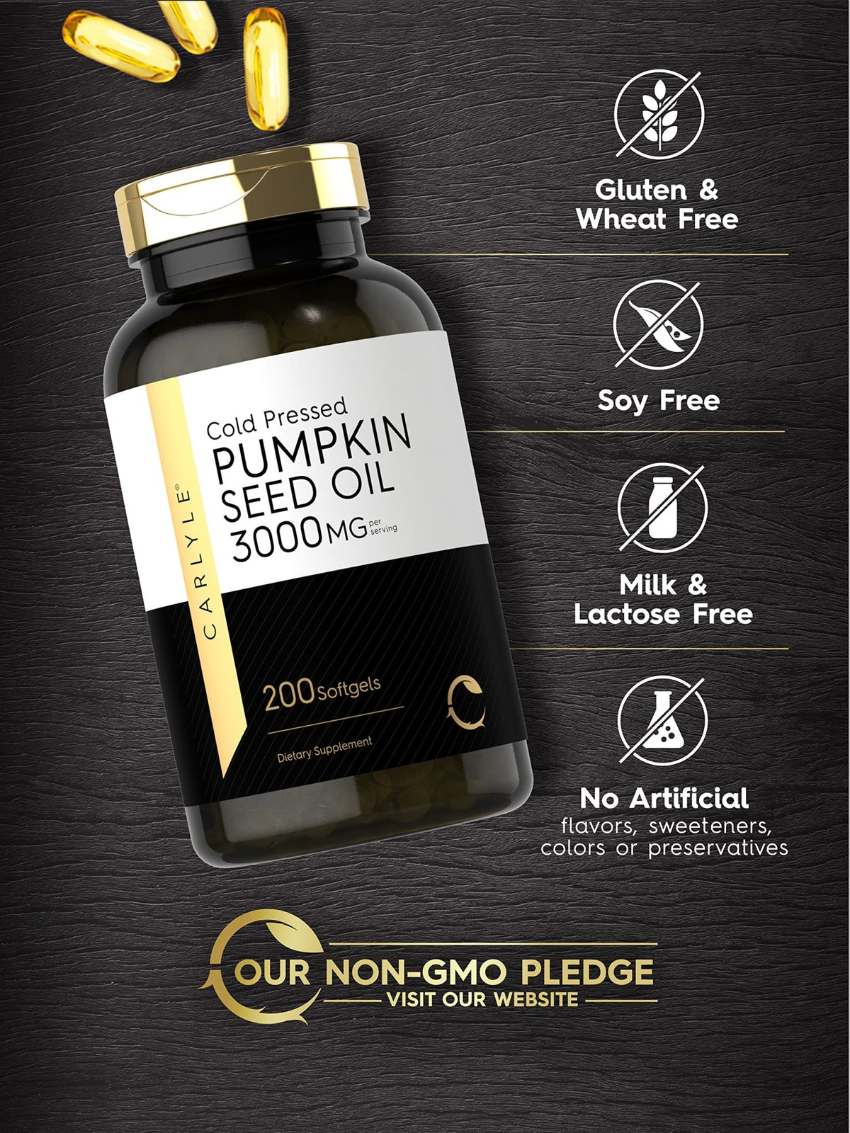 Carlyle Pumpkin Seed Oil Capsules | 3000mg | 200 Softgels | Essential Fatty Acids | Cold Pressed Dietary Supplement | Non-GMO and Gluten Free Formula - FENGGESTORE20