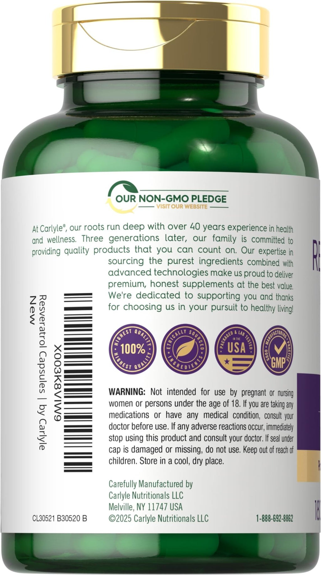 Carlyle Resveratrol Complex - 180 Capsules - Trans Resveratrol Supplement with Grape Seed Extract - Non GMO, Gluten Free - FENGGESTORE20