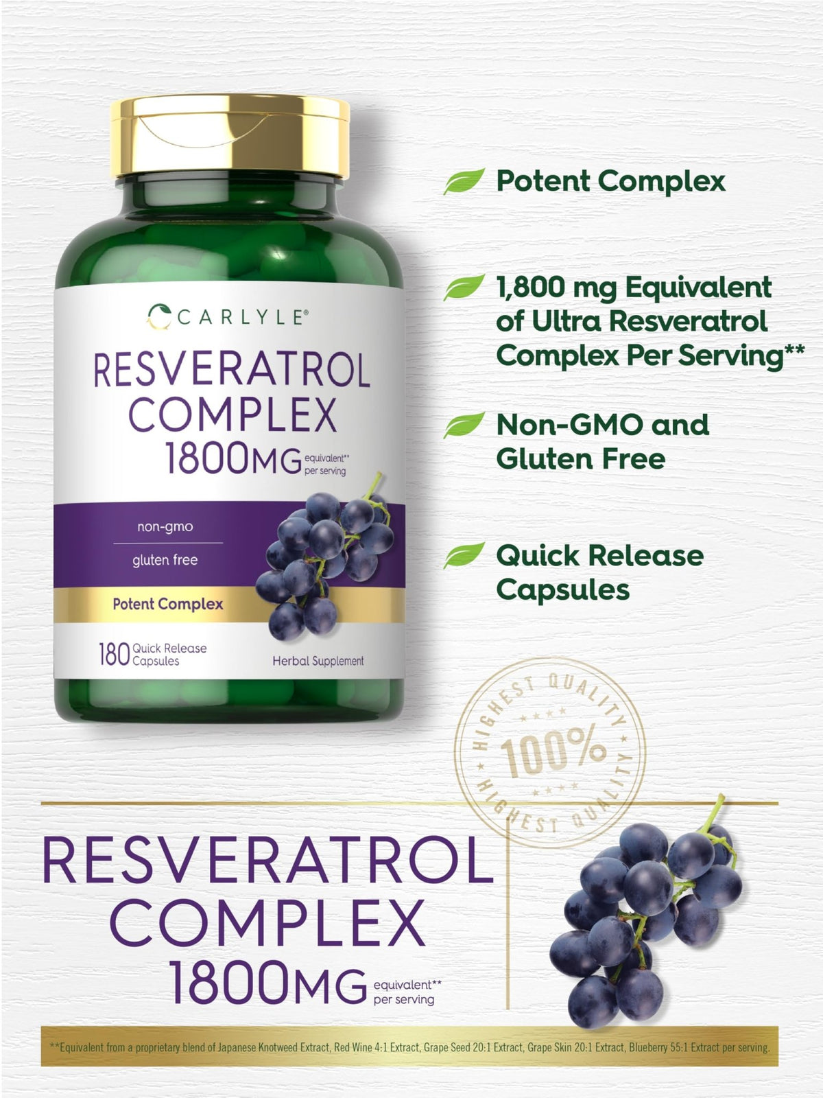 Carlyle Resveratrol Complex - 180 Capsules - Trans Resveratrol Supplement with Grape Seed Extract - Non GMO, Gluten Free - FENGGESTORE20