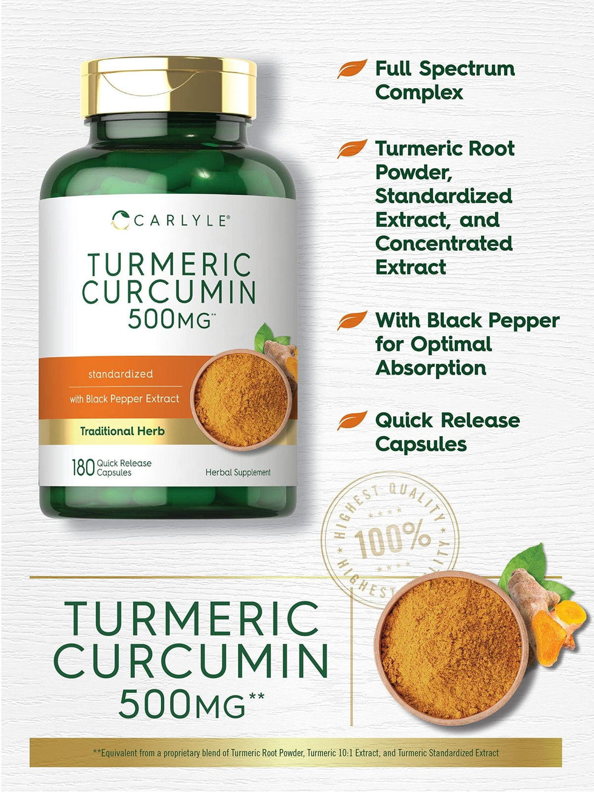 Carlyle Turmeric Curcumin Supplement | 180 Capsules | with Black Pepper Extract | Non-GMO & Gluten Free - FENGGESTORE20