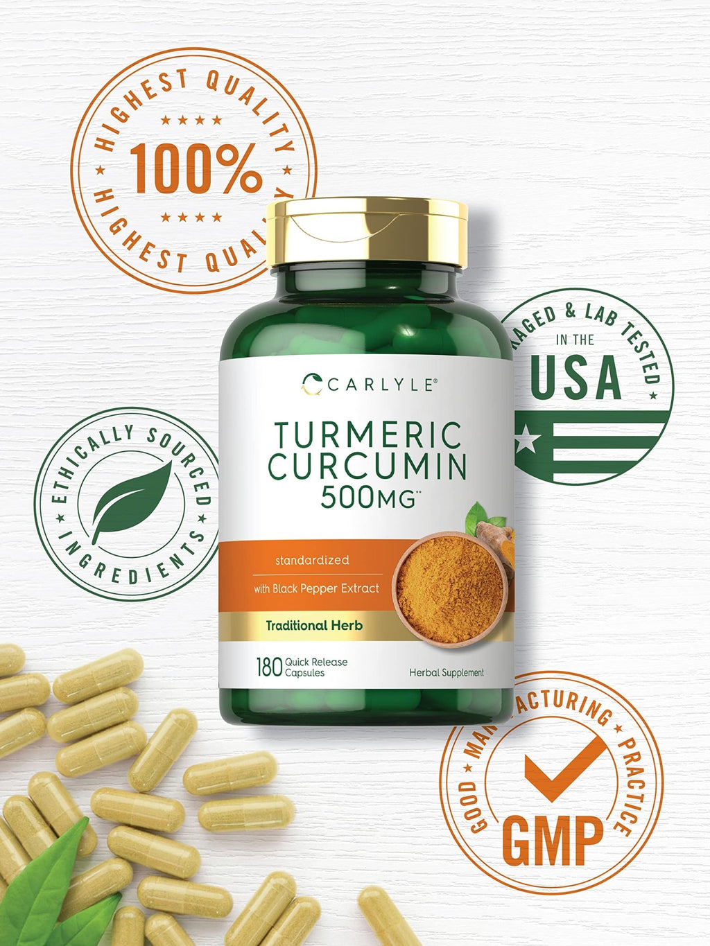 Carlyle Turmeric Curcumin Supplement | 180 Capsules | with Black Pepper Extract | Non-GMO & Gluten Free - FENGGESTORE20