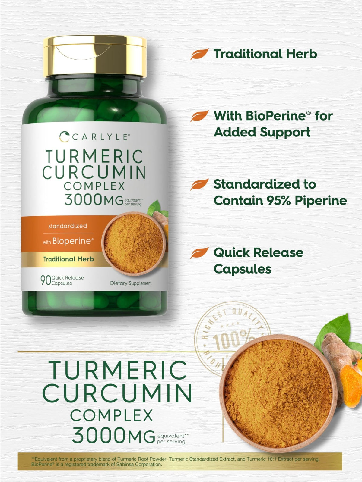 Carlyle Turmeric Curcumin with Black Pepper | 90 Powder Capsules | Complex Supplement with Bioperine | Non-GMO, Gluten Free - FENGGESTORE20