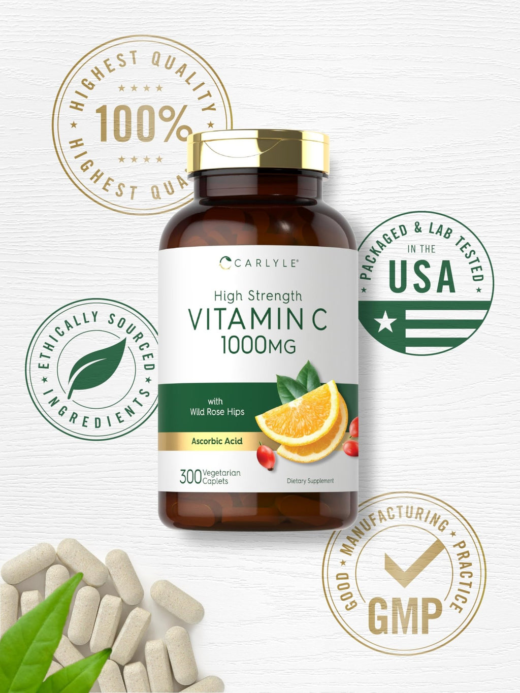Carlyle Vitamin C 1000mg | 300 Vegetarian Caplets | Ascorbic Acid with Wild Rose Hips | High Strength Formula - FENGGESTORE20