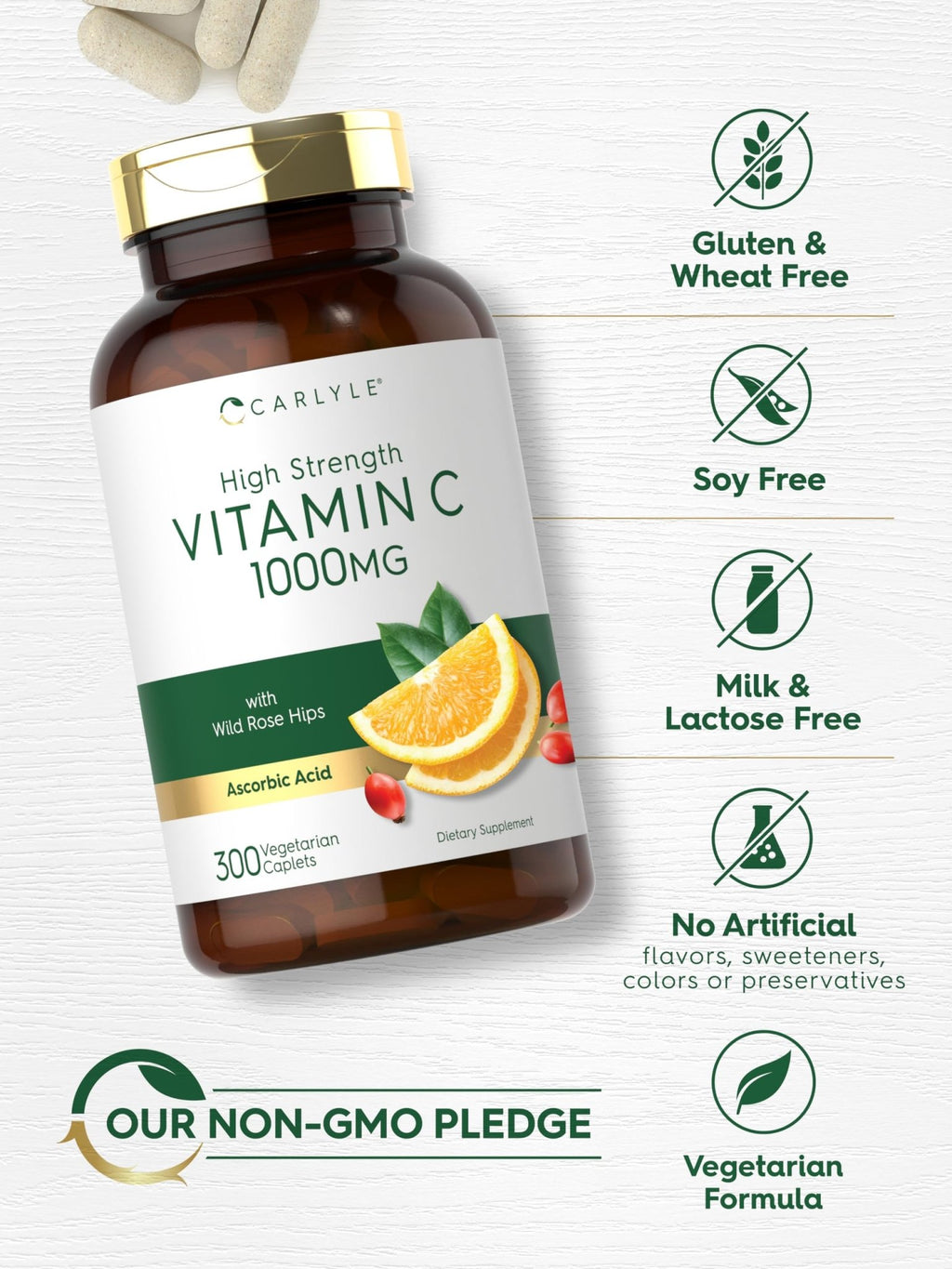Carlyle Vitamin C 1000mg | 300 Vegetarian Caplets | Ascorbic Acid with Wild Rose Hips | High Strength Formula - FENGGESTORE20