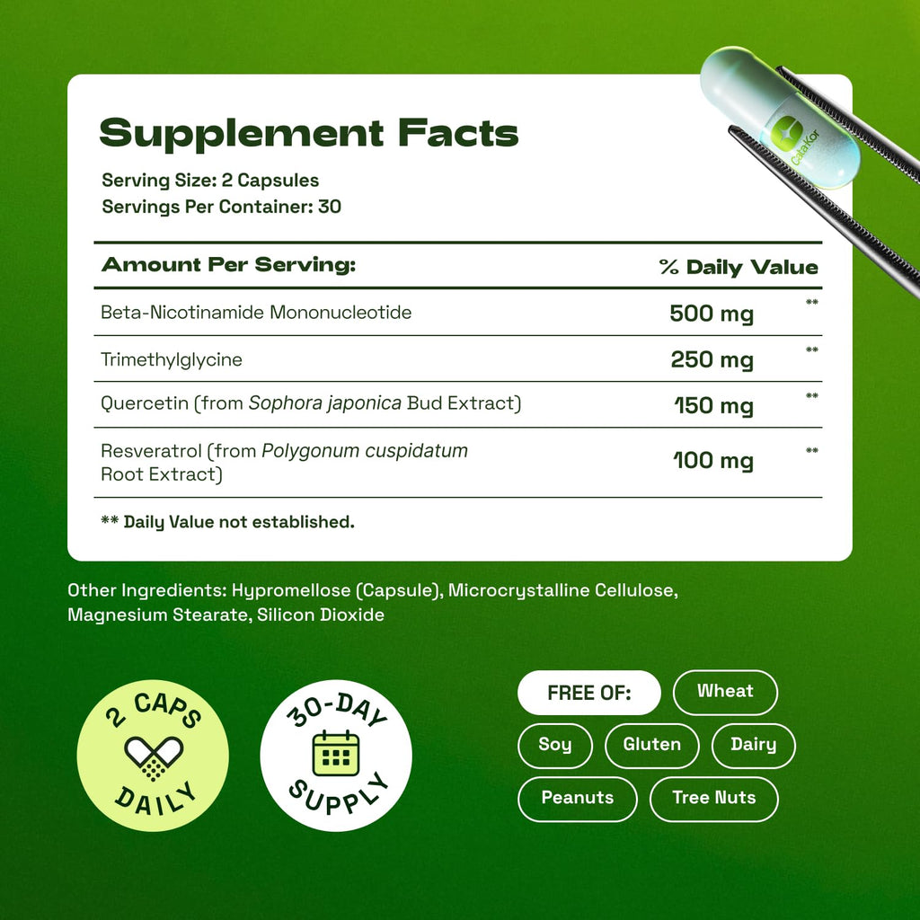Cata-Kor NMN Supplement – 1000mg Per Serving NAD Resveratrol Supplement with Quercetin | TMG – NMNH Alternative – Supports Cellular Energy & NAD+ Level – 60 Capsules - FENGGESTORE20