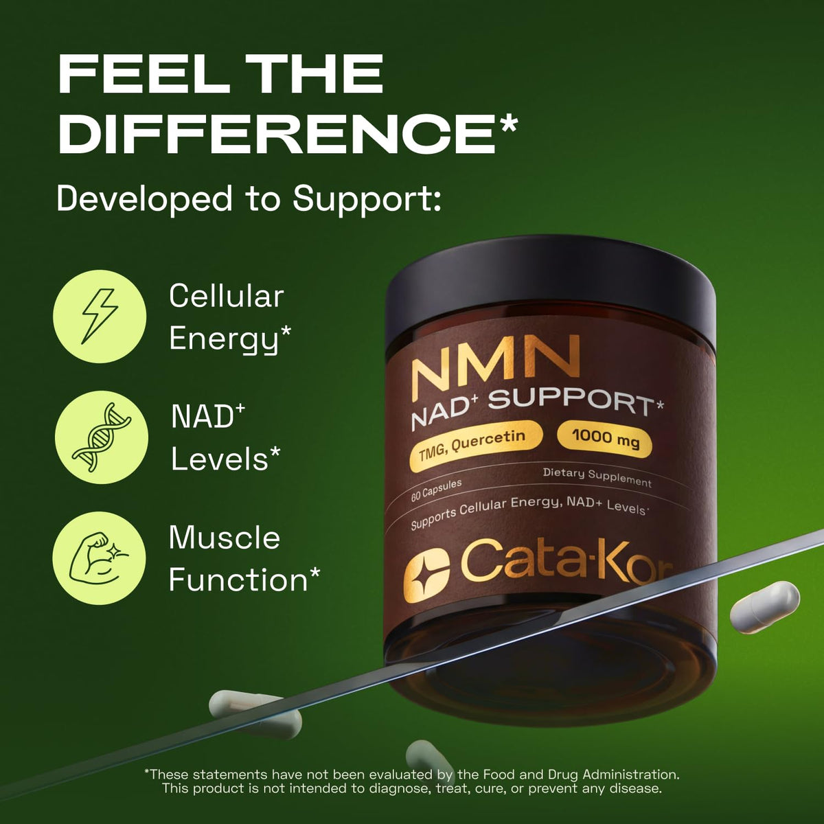 Cata-Kor NMN Supplement – 1000mg Per Serving NAD Resveratrol Supplement with Quercetin | TMG – NMNH Alternative – Supports Cellular Energy & NAD+ Level – 60 Capsules - FENGGESTORE20