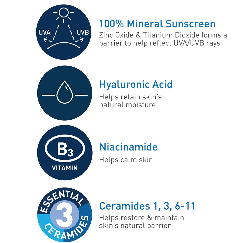 CeraVe 100% Mineral Sunscreen SPF 50, Face sunscreen With Zinc Oxide & Titanium Dioxid - FENGGESTORE20