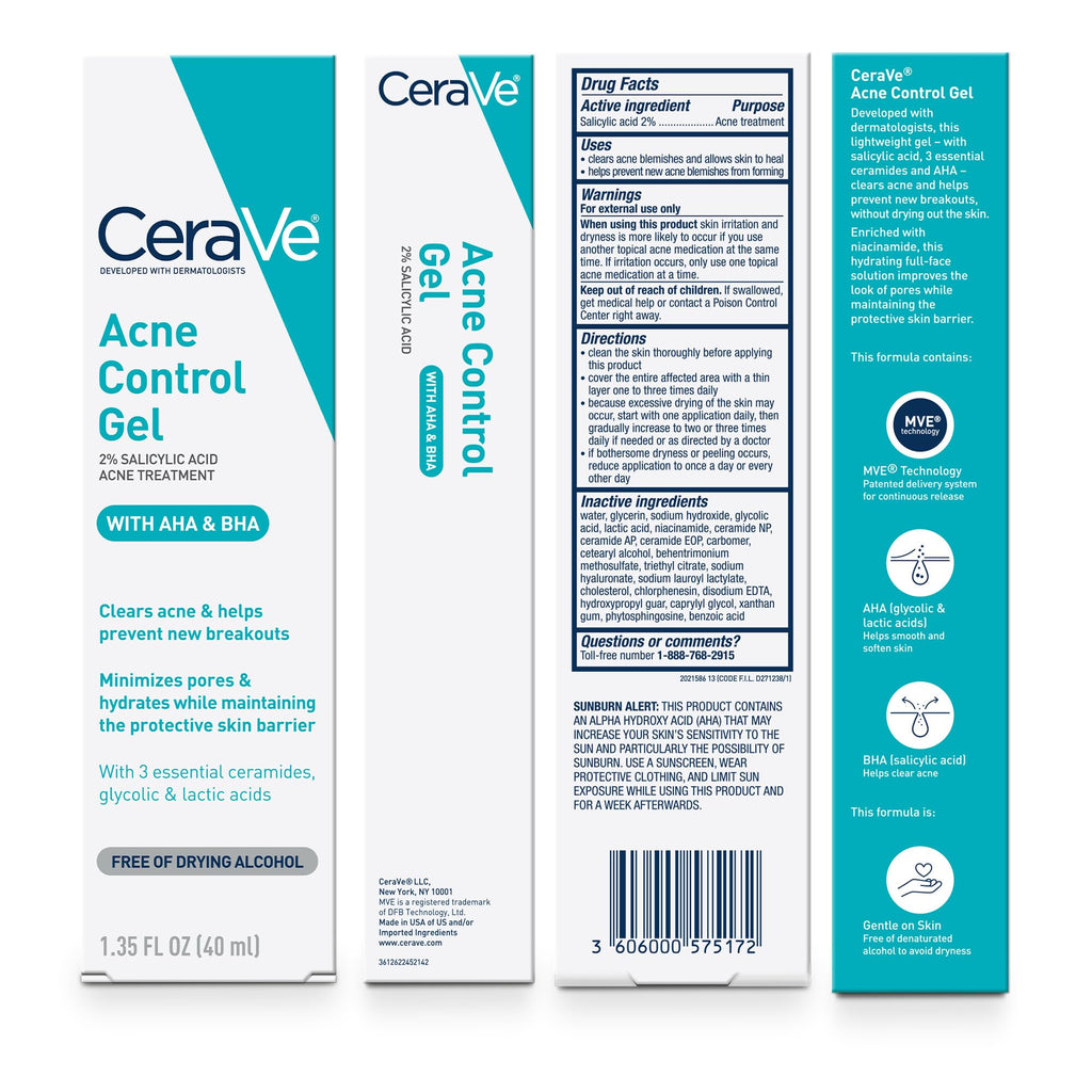 CeraVe Acne Control Gel, 2% Salicylic Acid Treatment With Glycolic Acid + Lactic Acids - FENGGESTORE20