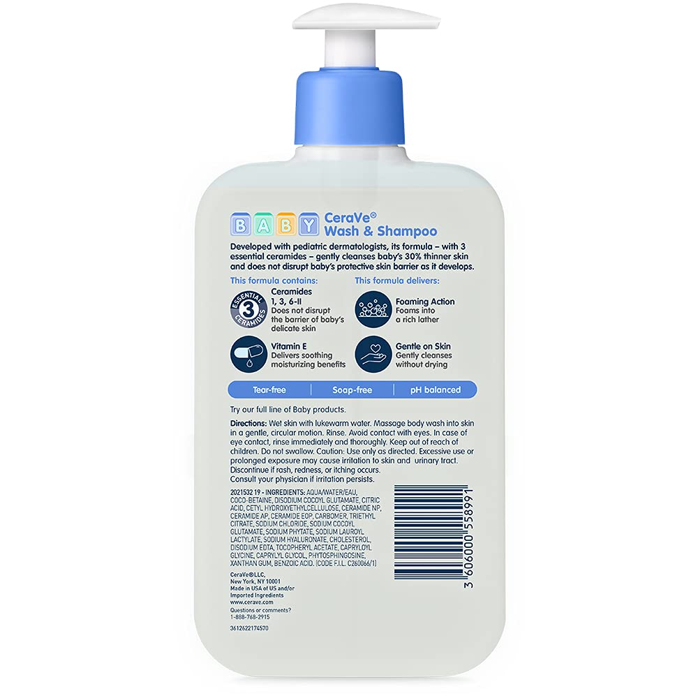 CeraVe Baby Wash & Shampoo, Tear-Free 2-in-1 Bath Wash for Hair & Skin, with Vitamin E, Fragrance-Free, Paraben-Free, Dye-Free, Phthalates-Free, Sulfate-Free, 16oz - FENGGESTORE20
