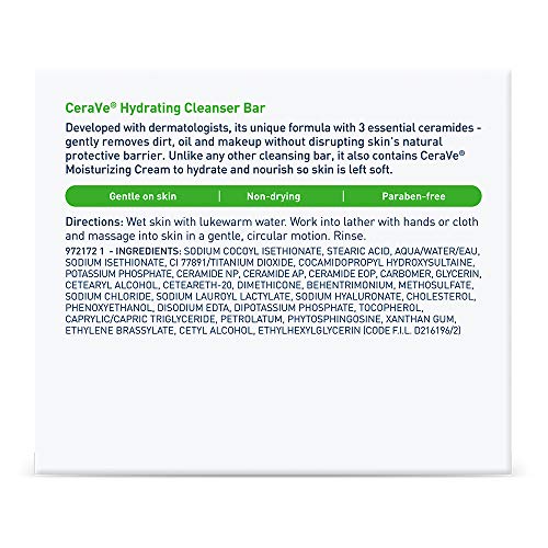 CeraVe Hydrating Cleanser Bar, Soap-Free Body and Facial Cleanser with 5% Moisturizing Cream, Fragrance-Free, 2-Pack, 4.5 Ounce Each - FENGGESTORE20