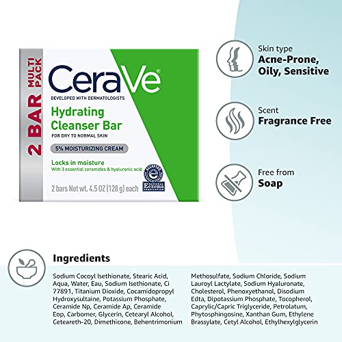 CeraVe Hydrating Cleanser Bar, Soap-Free Body and Facial Cleanser with 5% Moisturizing Cream, Fragrance-Free, 2-Pack, 4.5 Ounce Each - FENGGESTORE20