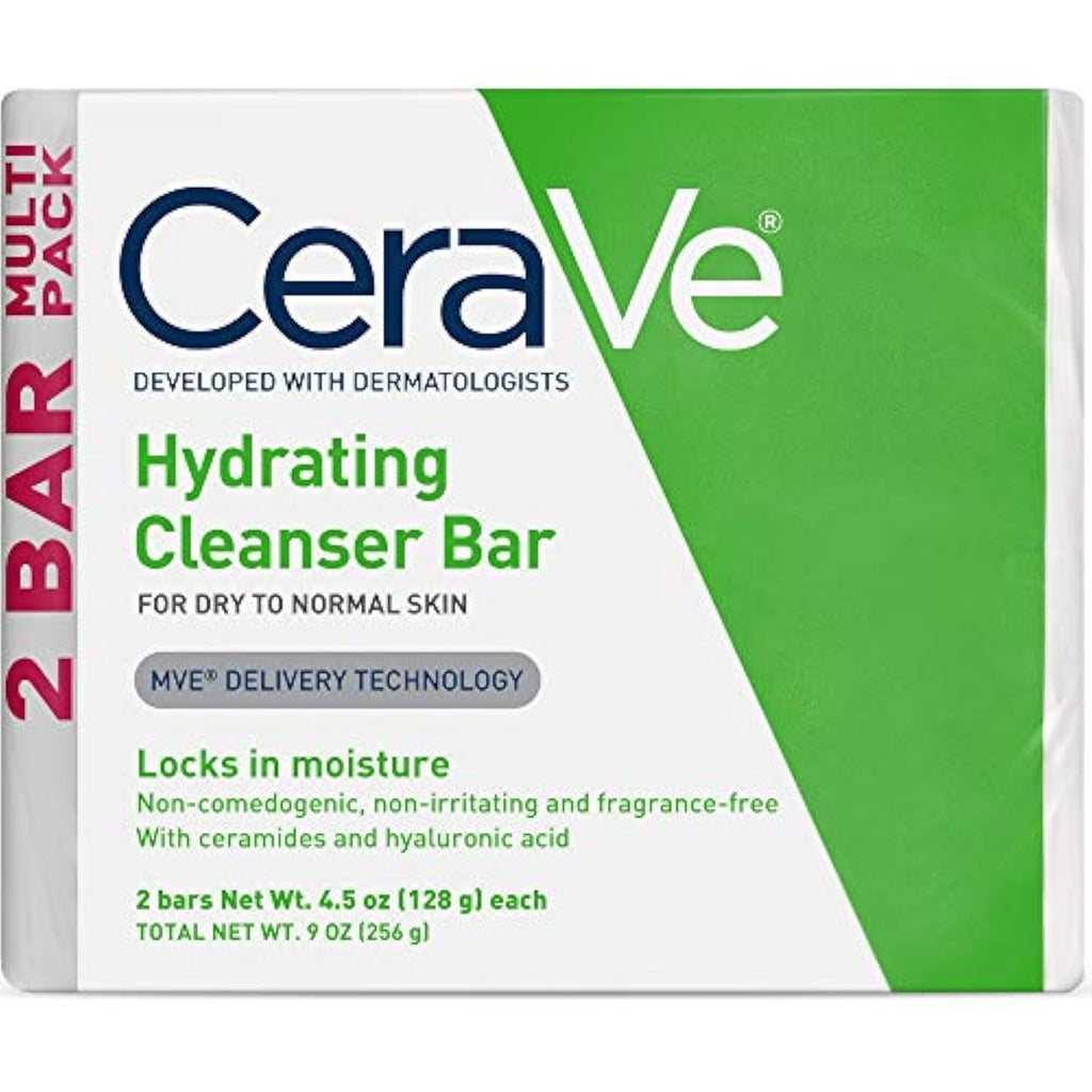 CeraVe Hydrating Cleanser Bar, Soap-Free Body and Facial Cleanser with 5% Moisturizing Cream, Fragrance-Free, 2-Pack, 4.5 Ounce Each - FENGGESTORE20