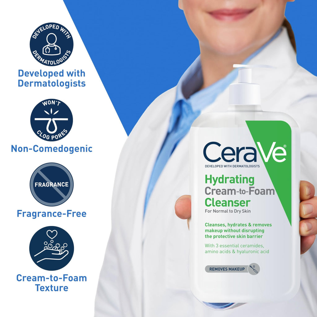 CeraVe Hydrating Cream To Foam Cleanser, Makeup Remover Face Wash For Dry Skin - FENGGESTORE20