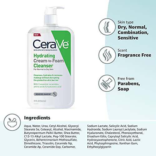 CeraVe Hydrating Cream To Foam Cleanser, Makeup Remover Face Wash For Dry Skin - FENGGESTORE20