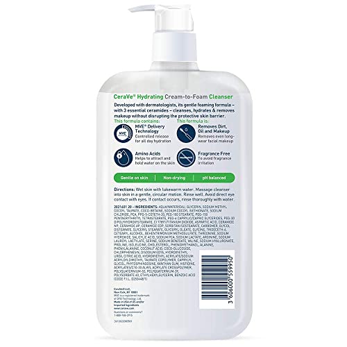 CeraVe Hydrating Cream To Foam Cleanser, Makeup Remover Face Wash For Dry Skin - FENGGESTORE20
