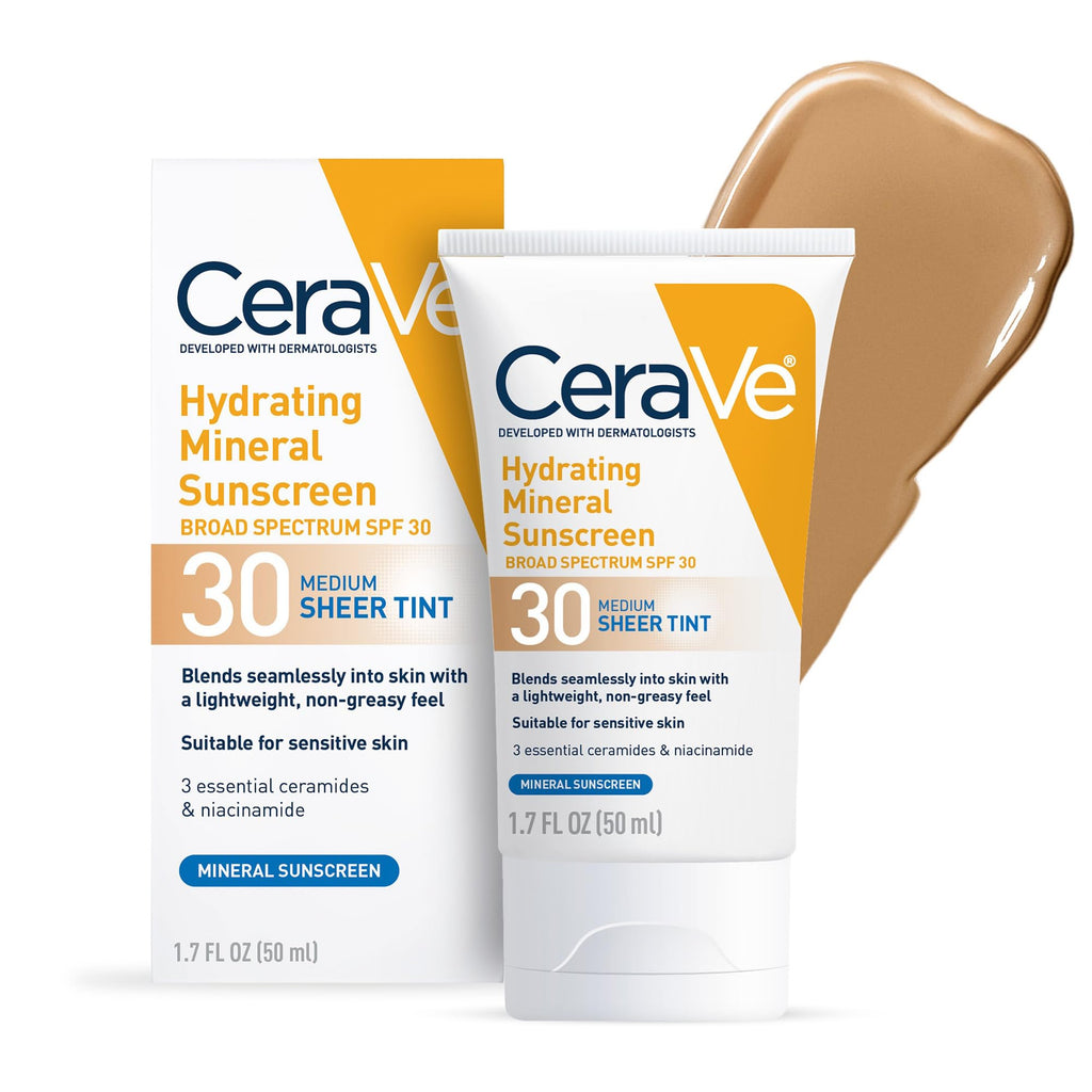 CeraVe Hydrating Mineral Sunscreen SPF 30 with Sheer Tint, Tinted Mineral Sunscreen with Zinc Oxide & Titanium Dioxide - FENGGESTORE20