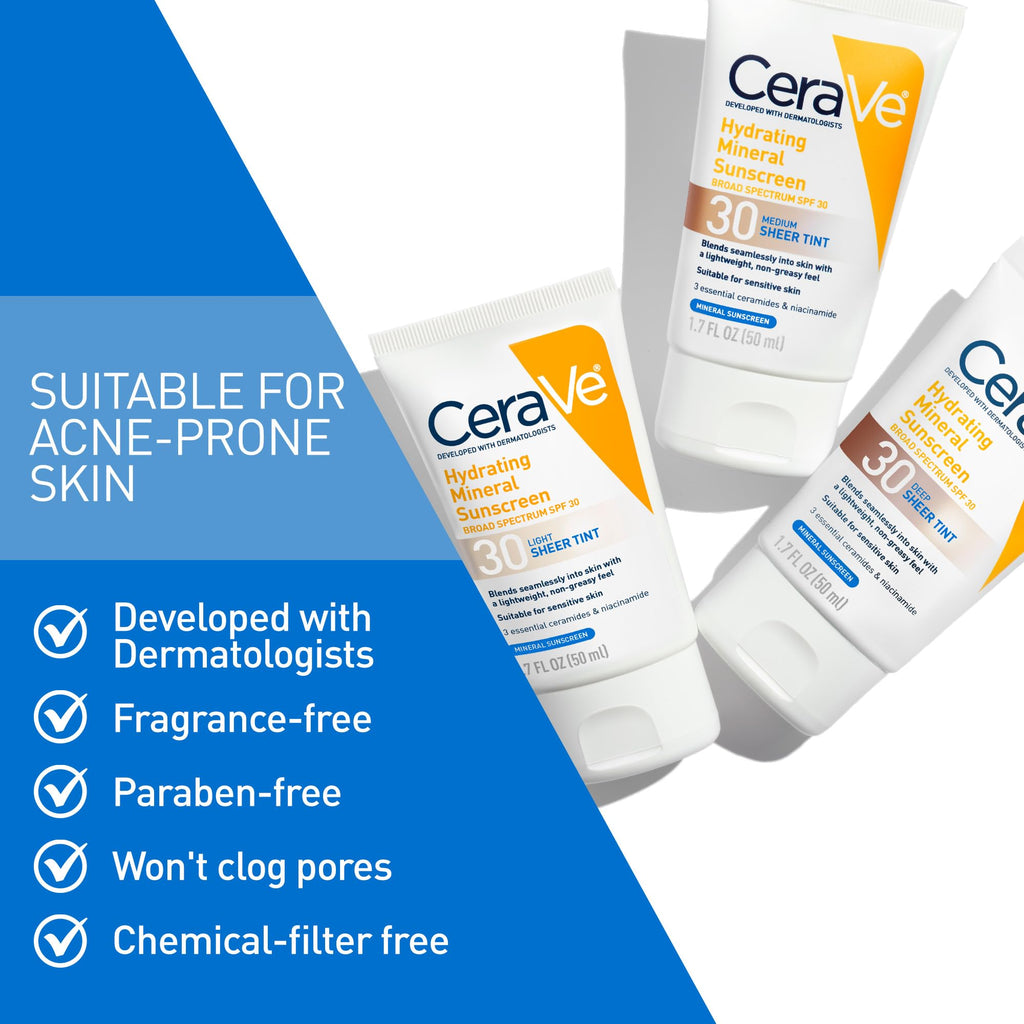 CeraVe Hydrating Mineral Sunscreen SPF 30 with Sheer Tint, Tinted Mineral Sunscreen with Zinc Oxide & Titanium Dioxide - FENGGESTORE20