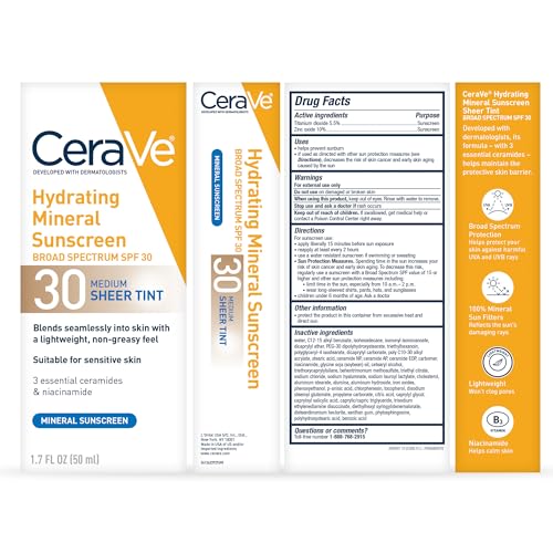 CeraVe Hydrating Mineral Sunscreen SPF 30 with Sheer Tint, Tinted Mineral Sunscreen with Zinc Oxide & Titanium Dioxide - FENGGESTORE20