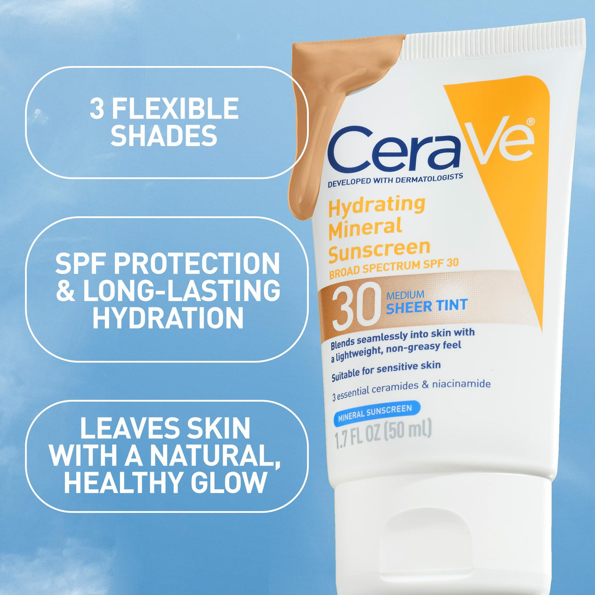 CeraVe Hydrating Mineral Sunscreen SPF 30 with Sheer Tint, Tinted Mineral Sunscreen with Zinc Oxide & Titanium Dioxide - FENGGESTORE20