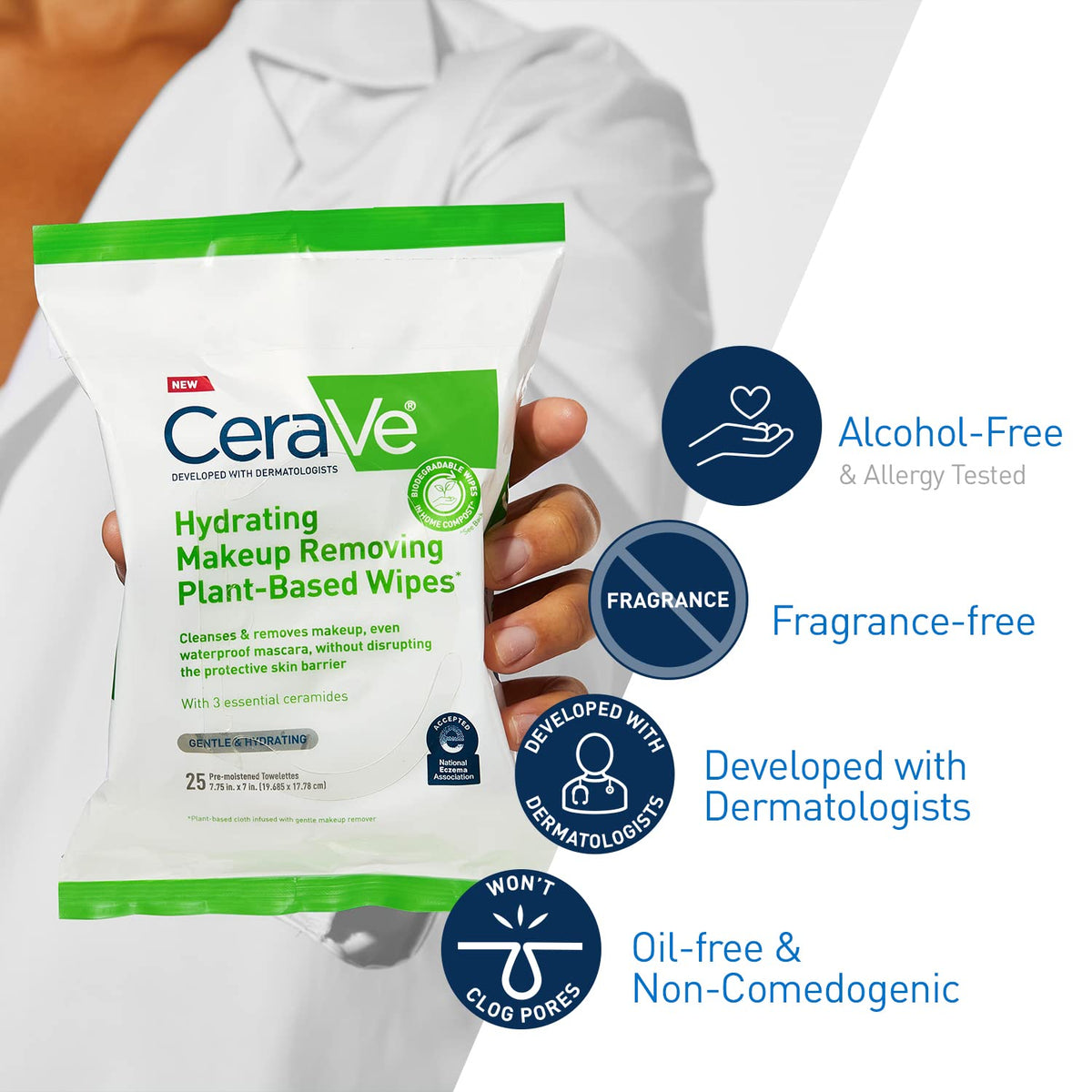 CeraVe Makeup Remover Wipes, Plant Based Face Wipes, Biodegradable in Compost, Waterless Face Wash, Travel Essentials for Women - FENGGESTORE20
