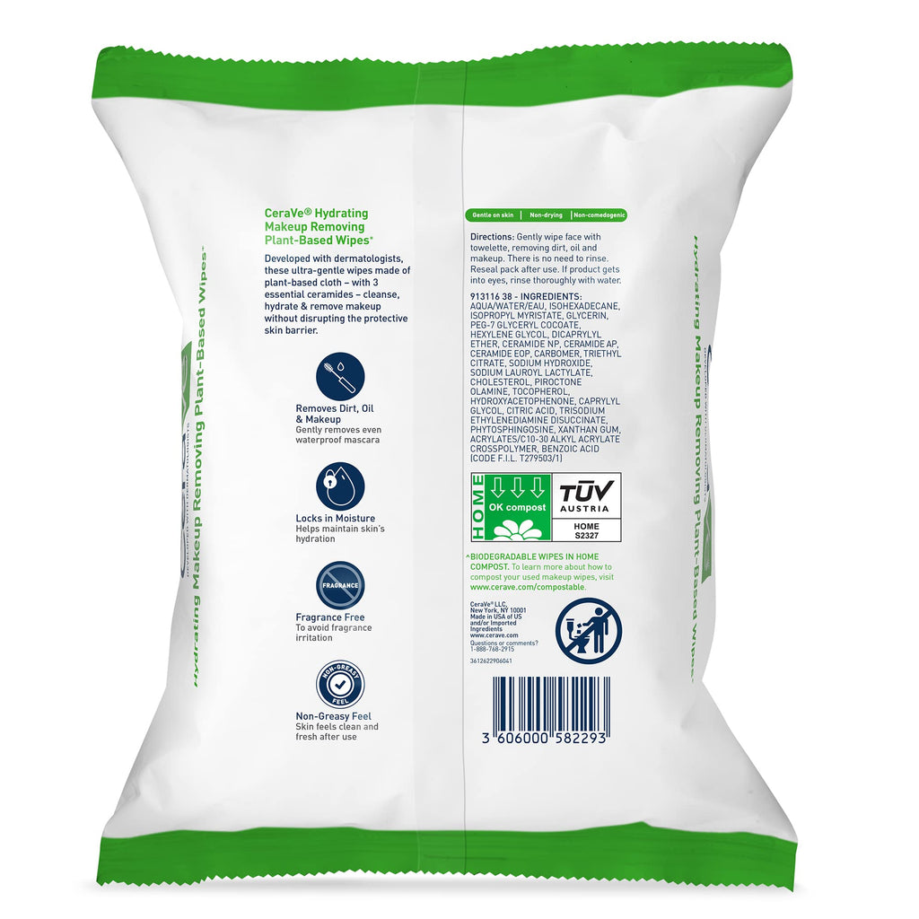 CeraVe Makeup Remover Wipes, Plant Based Face Wipes, Biodegradable in Compost, Waterless Face Wash, Travel Essentials for Women - FENGGESTORE20