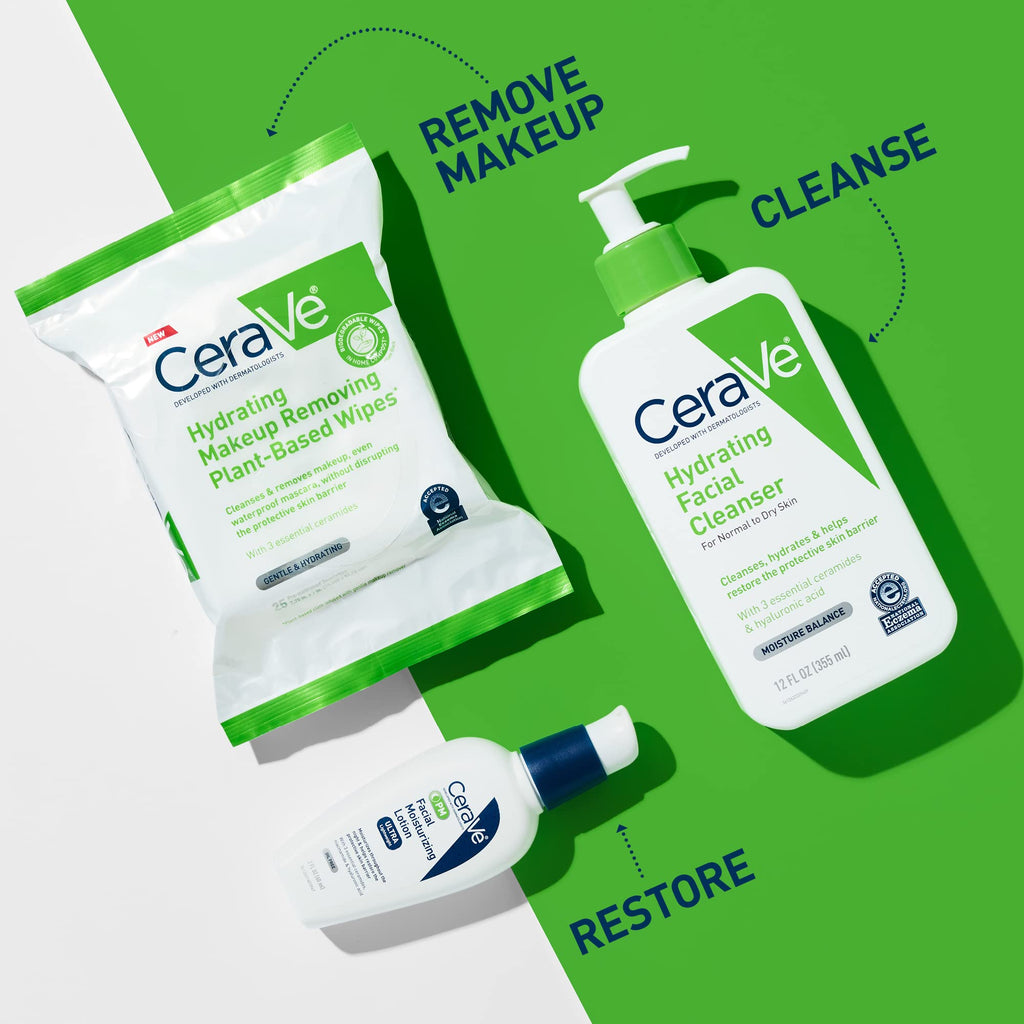 CeraVe Makeup Remover Wipes, Plant Based Face Wipes, Biodegradable in Compost, Waterless Face Wash, Travel Essentials for Women - FENGGESTORE20